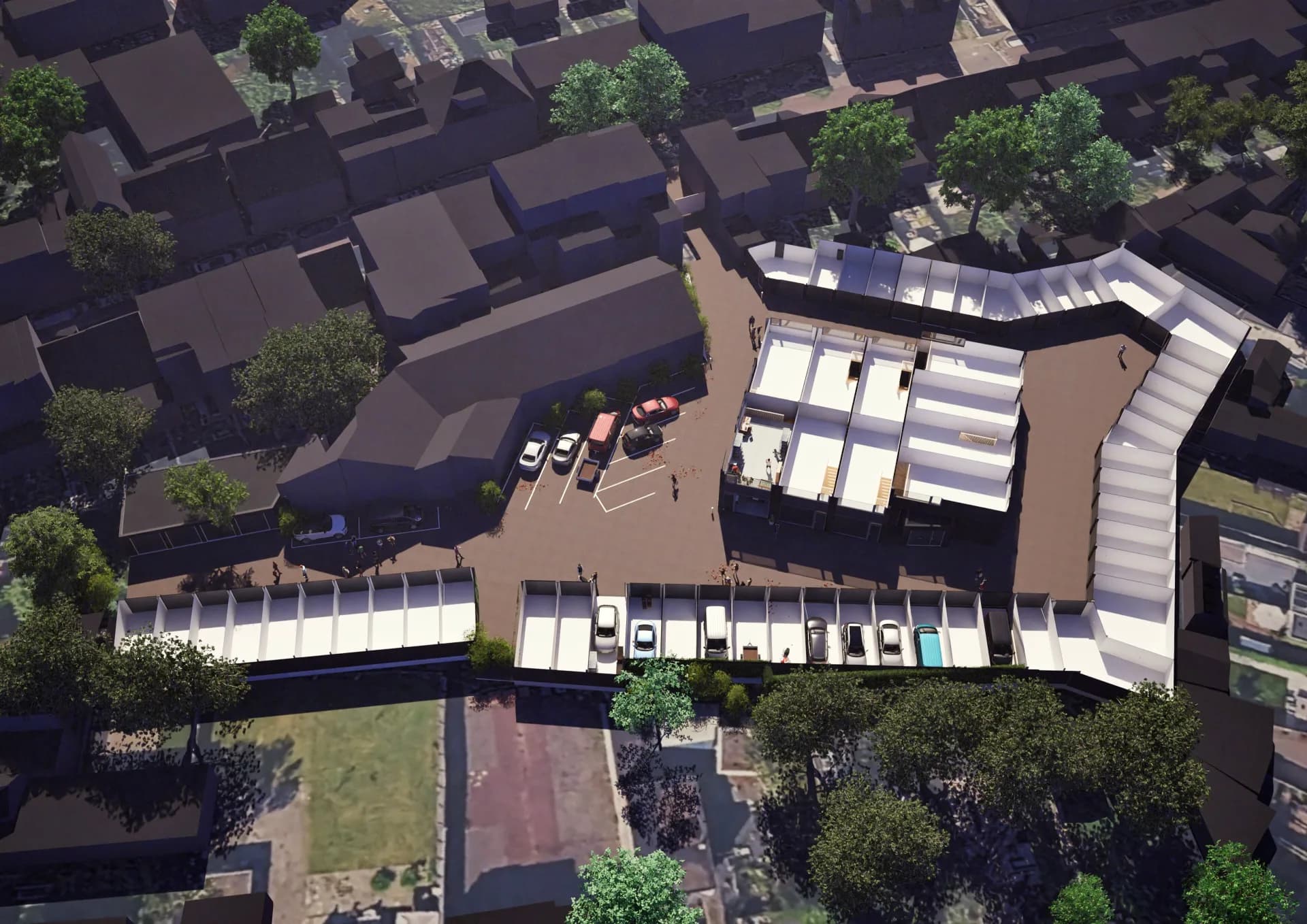 Doorsnede van het terrein met garageboxen langs de randen en Superboxen met twee bouwlagen aan het binnenterrein