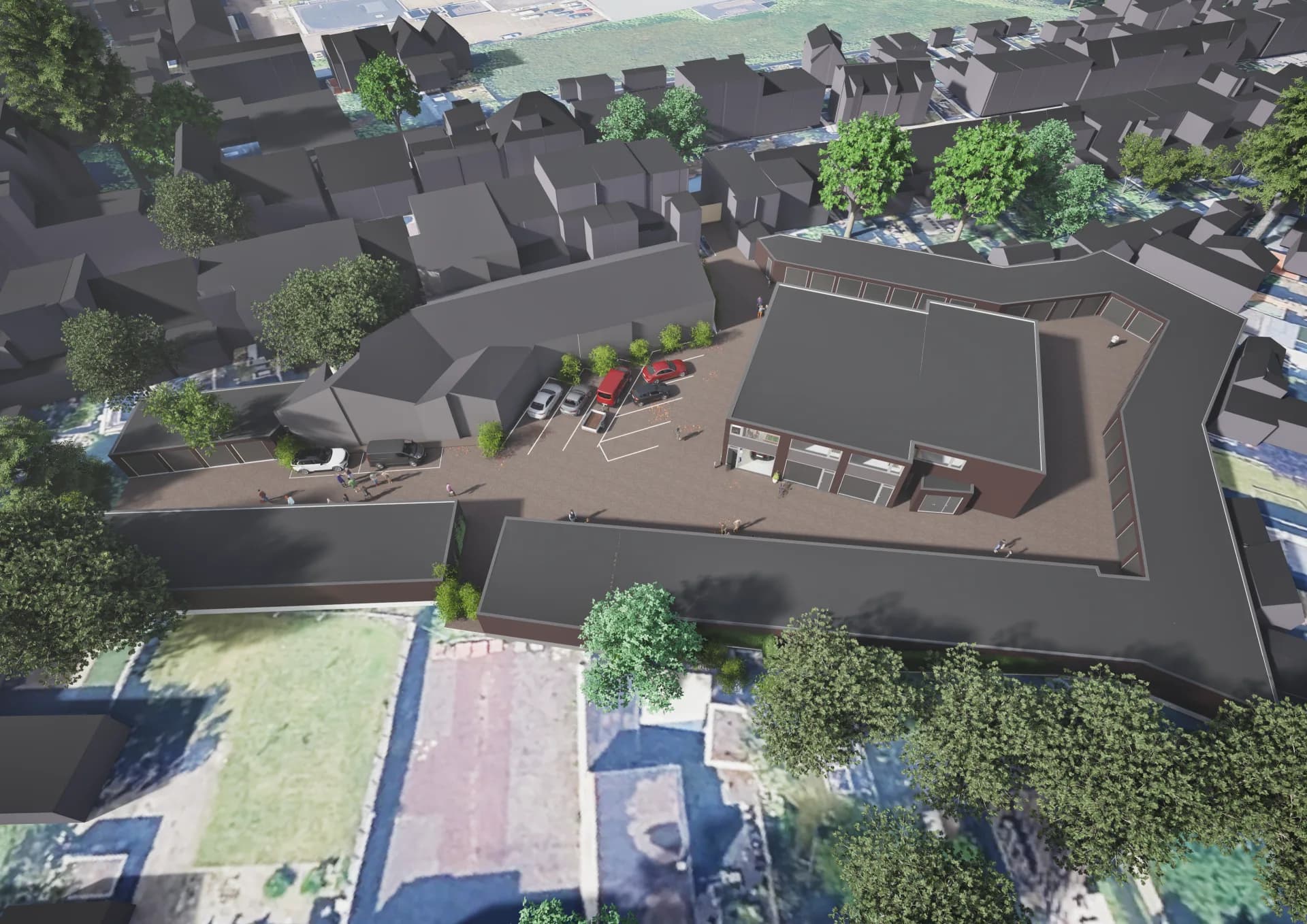 Luchtfoto van de ligging van het complex, verscholen achter de Kolfbaanstraat in de Bredase wijk Tuinzicht